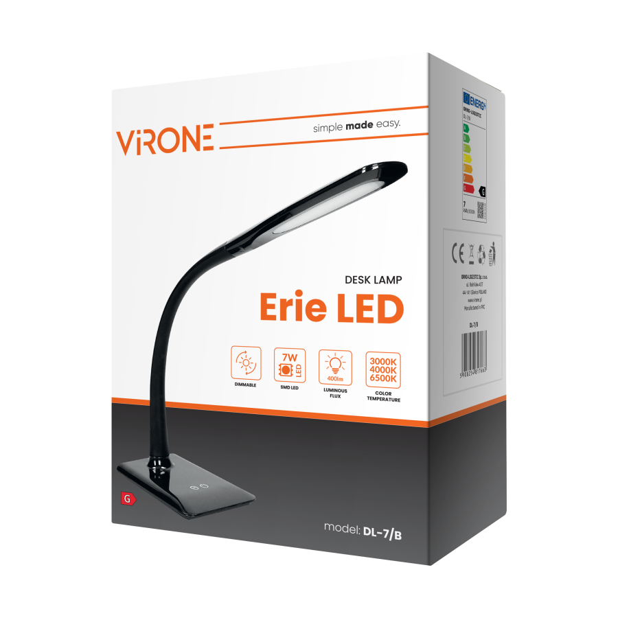 ERIE LED DIM 7W desk lamp with dimmer and color temperature adjustment 3000K-4000K-6000K, 400lm, black